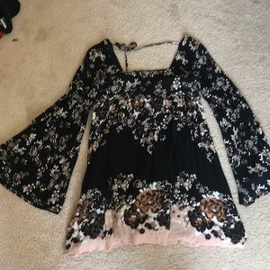Free People Black Bell Sleeve Dress Tan Flowers